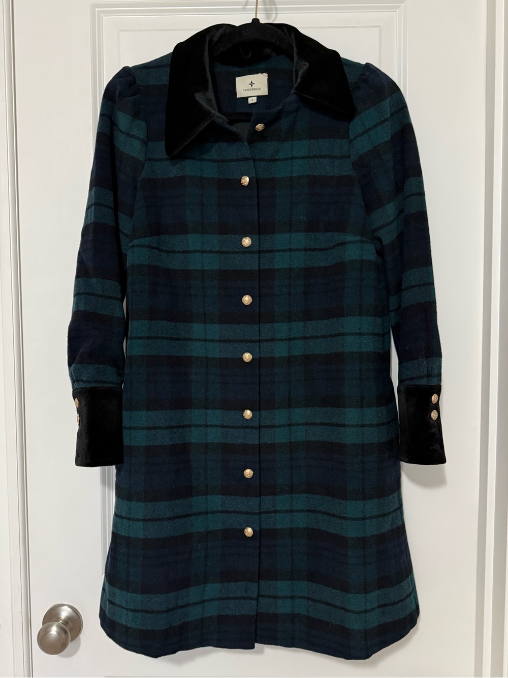 Tuckernuck Green and Navy Plaid Coat with Velvet Collar